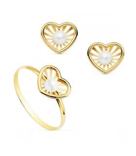 Juego de Comunión Oro Amarillo 18K Chloe Corazón conjunto niña pendientes anillo