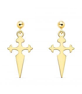 Pendientes Cruz Colgante Oro Amarillo 18K