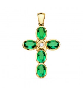 Pendentif Croix Or 18K 30mm Émeraudes et Diamant 0,065 Carats.