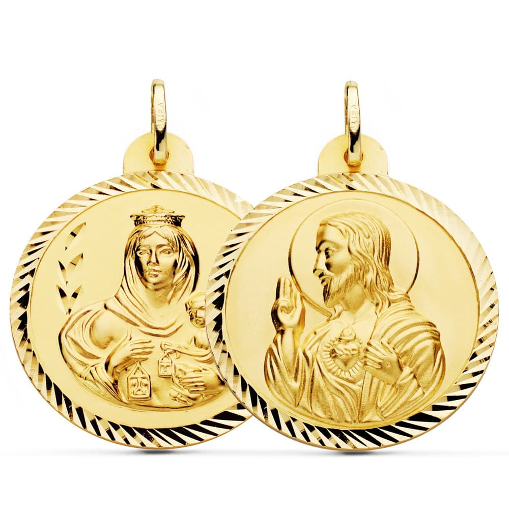 Escapulario Virgen Carmen y Corazón Jesús Medalla Oro 18k hélice 30 mm